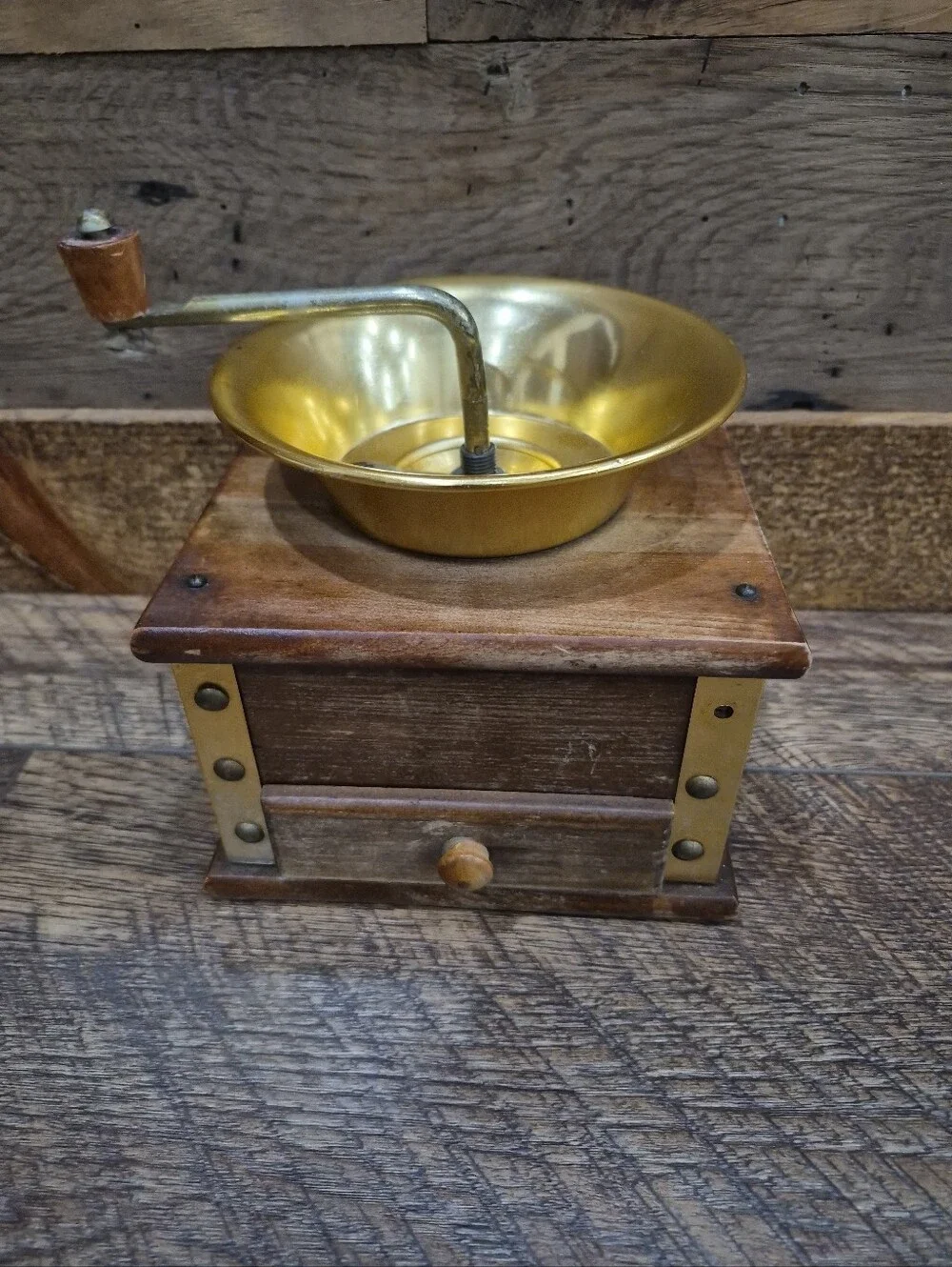 Vintage Old Americana Gold Tone Aluminum & Wood Coffee Grinder Mill Manual Crank